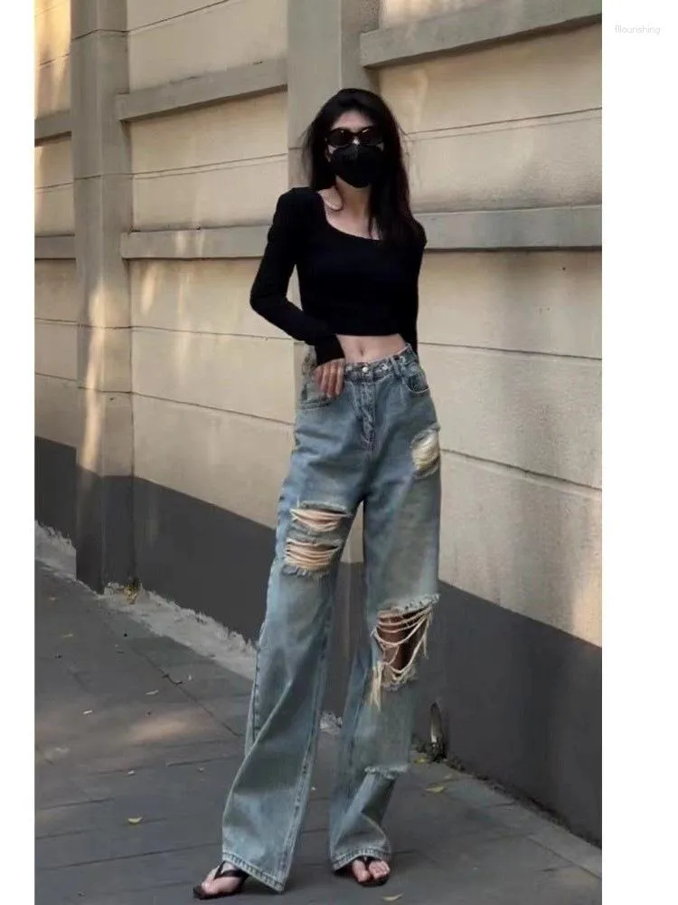 Jeans pour femmes déchirés pour femmes Y2K été haute rue Streetwear Hip Hop taille pantalon mode droite Denim pantalon dames