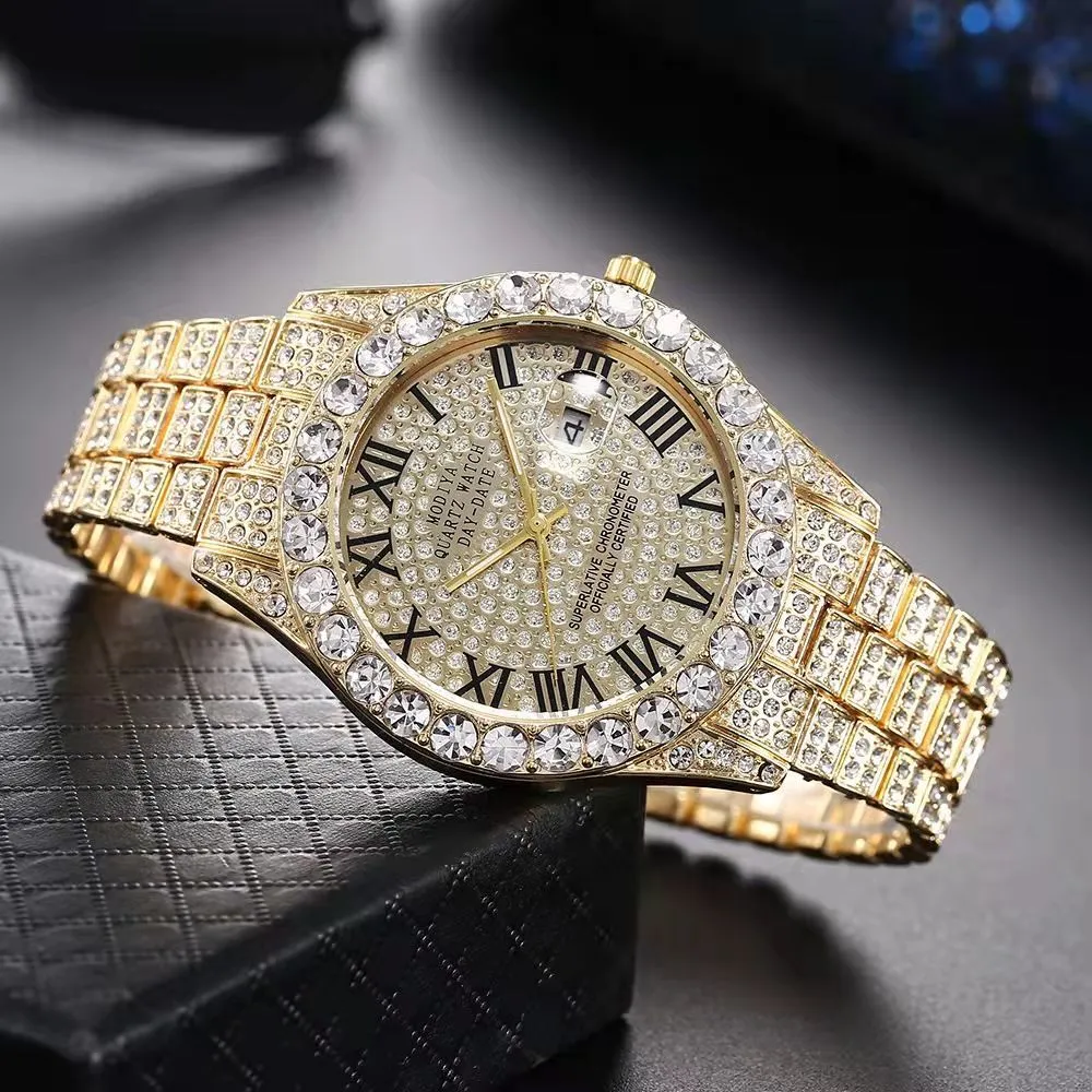 Orologio da uomo di design di lusso abbattere orologio orologio pieno di diamanti Calendario Roma Hip Hop diamante che incorpora moda oro argento rosa regalo all'ingrosso