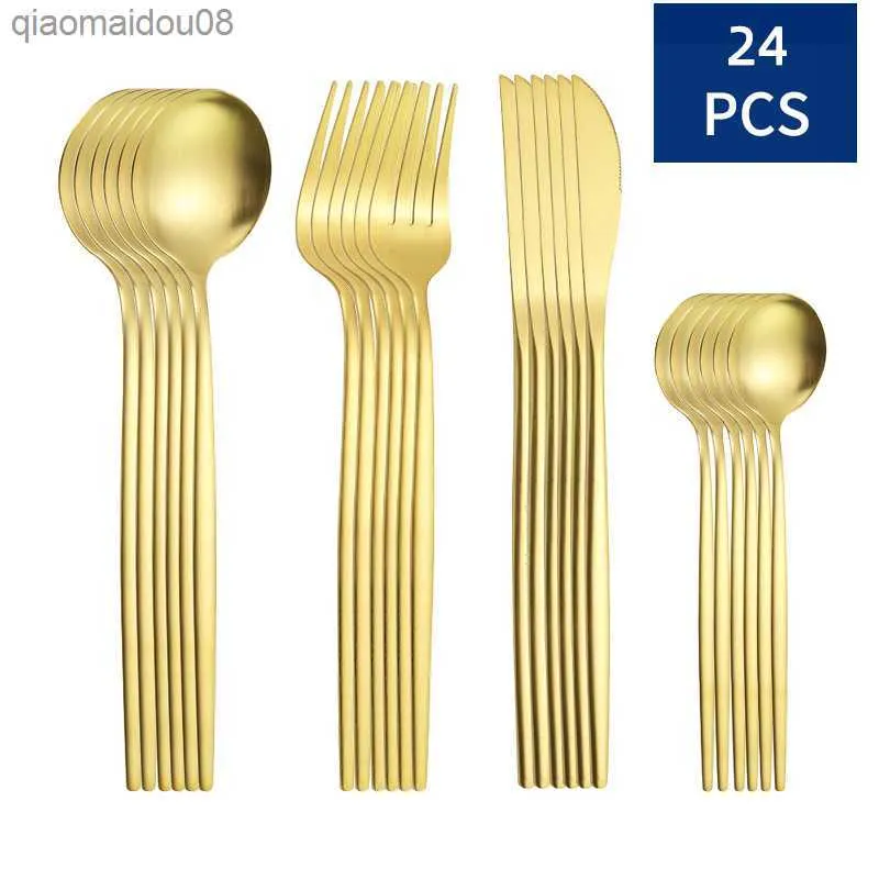 24 PCS Frosted Cubertería Juego de vajilla Cuchara de oro negro Tenedor Vajilla Juegos de utensilios de cocina Utensilios portátiles de acero inoxidable L230704