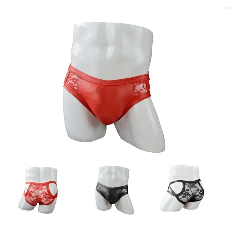 Underpants Low Waist Sexy Underwear Men Faux Leather Transparent Lace ZJH0957S