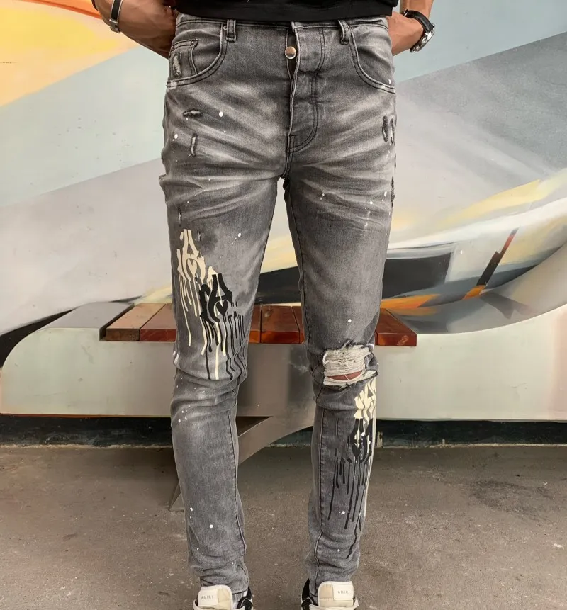 Mens Ripped Jeans Hole Patch Printing Distressed Biker Jeans Mens Ripped Jeans Hole Patch Printing Distressed Biker Jeans