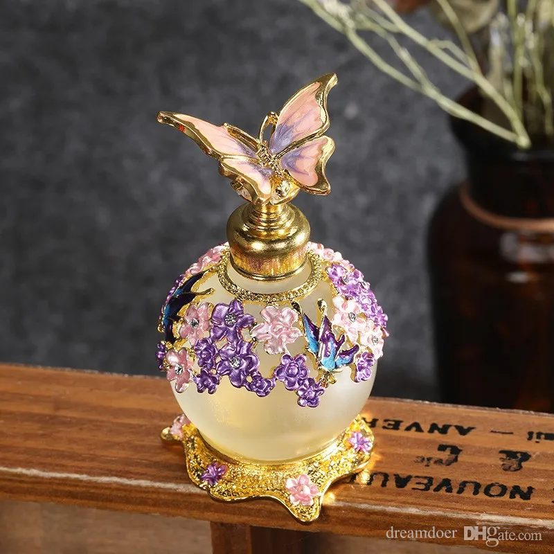 Mini-Parfümflaschen in Goldfarbe, Vintage-Glas, leere Tropfflasche mit ätherischem Öl, Schmetterlings-Parfümflasche im Dubai-Stil