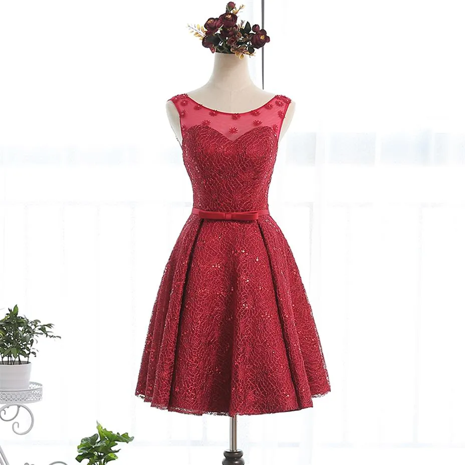 Bateau Neck Lace Cocktail Dresses With Bow Short 2021 Formal Knee Length Party Dress Dark Red Color218j