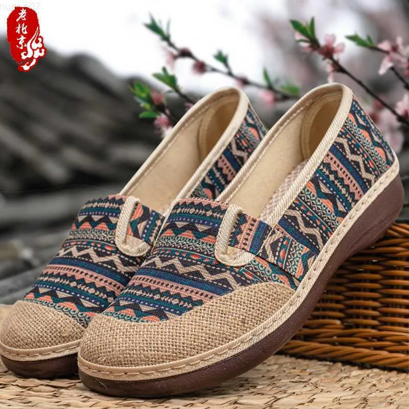 Klänningskor 2022 Spring Women's Flat Ladies Greenow Loafers Female Ethnic Old Peking Tygskor Platta hälen dukskor broderade skor L230724