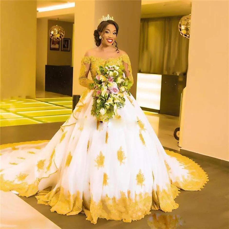 Afrikanische Brautkleider in Übergröße, schulterfrei, Goldapplikationen, Spitze, Ballkleid, Hochzeitskleid, lange Ärmel, lange Brautkleider247o