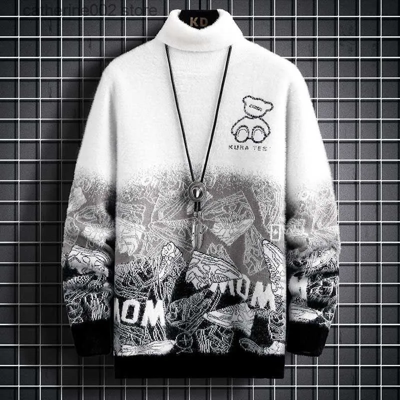 メンズセーター新しい冬ミンクカシミアタートルネックセーターメンファッションプリントストリートウェアハイエンド男性クリスマスプルオーバーソフトウォームメンズジャンパーT230724