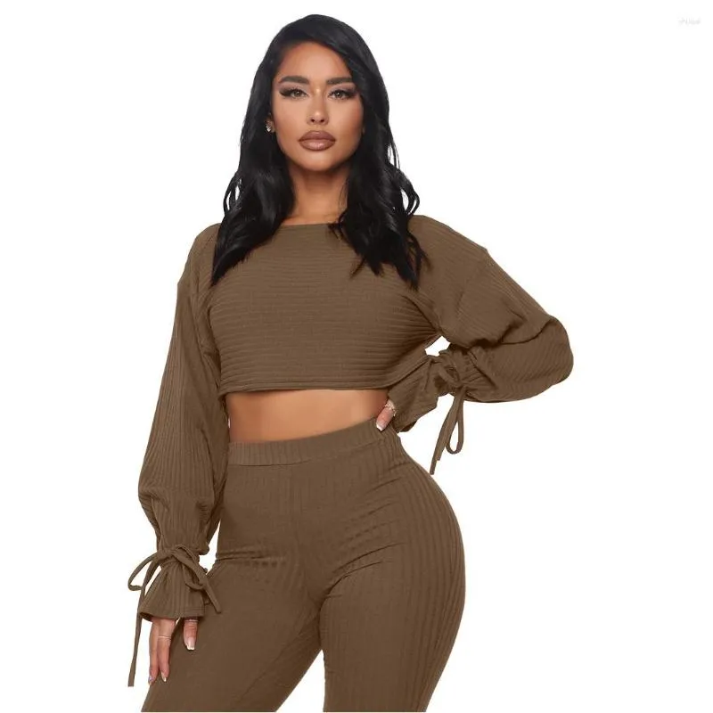 Women's Two Piece Pants 2023 Solid Color Round Neck High Waist Big Pit Strip Trumpet Sleeve Tie Jacket Two-piece Suit Womens