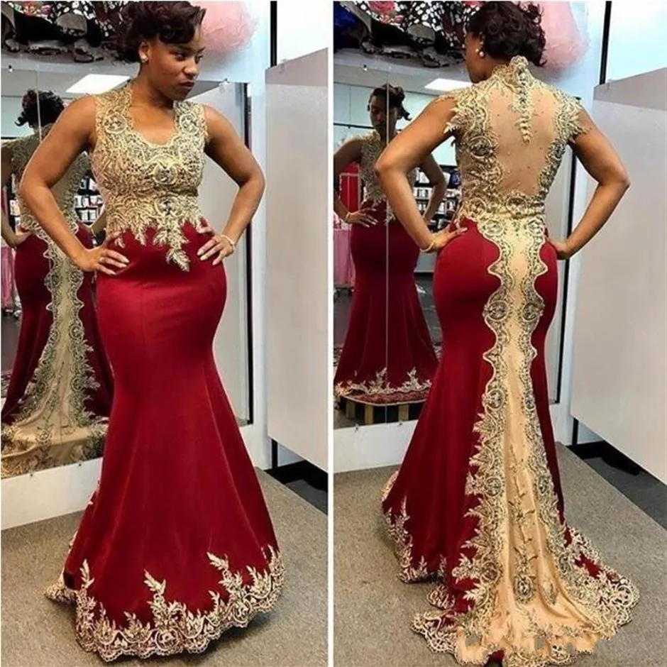 2019 Sexy Burgundy Mermaid Evening Dresses Gold Lace Applique Beads Sweep Train Jewel Neck Sheer Back Sleeveless Plus Size Party P262T