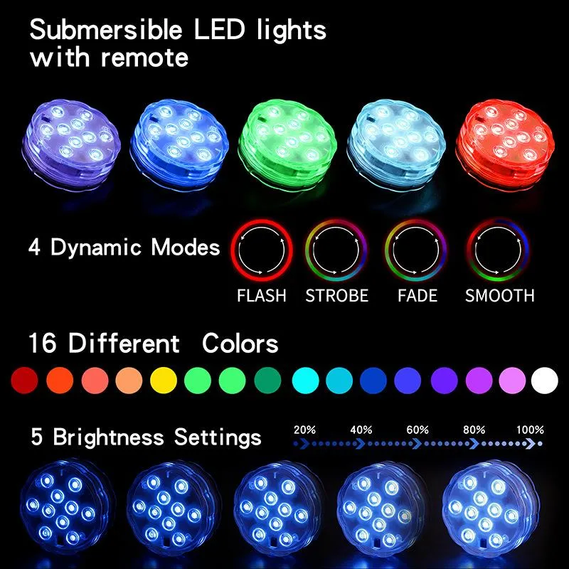 IP68 Waterproof Submersible LED Lights Built in 10 LED Beads With 24 Keys Remote Control Changing Underwater Night Lamp Tea Light Vase Party Wedding