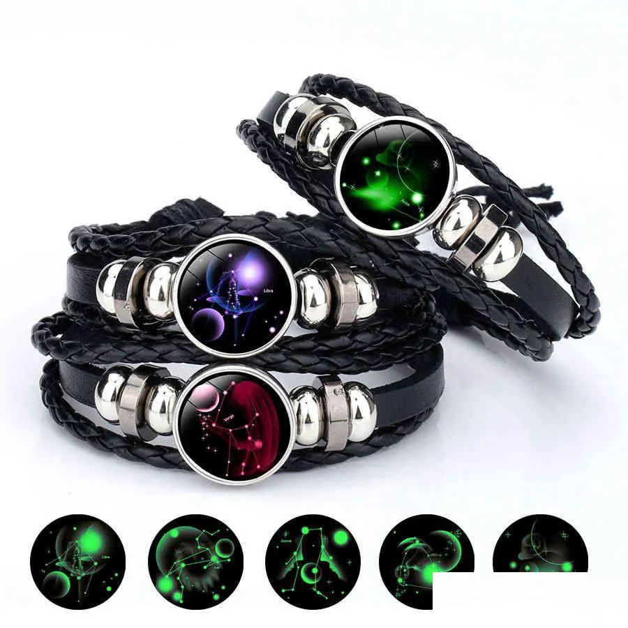 Bracelets porte-bonheur 12 signe du zodiaque lueur dans le noir pour femmes hommes Constellation bouton pression cuir corde bracelet bijoux de mode Drop Deliv Dh4Vd