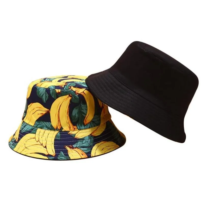 Cappelli a tesa avara Uomo Donna Berretto a secchiello Stampa a banana Cappellini gialli Hip Hop Pesca Pescatore Cappello Double Side Wear Drop Delivery Accessorio di moda