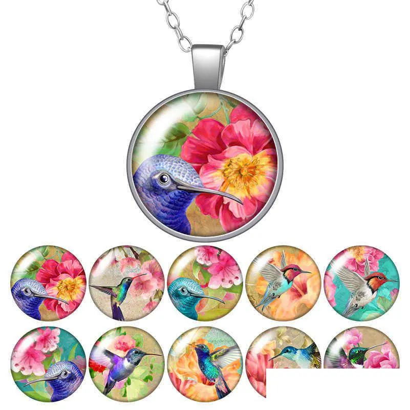 Pendentif Colliers Fleur Oiseaux Colibri Collier Rond 25Mm Verre Cabochon Sier Plaqué / Cristal Bijoux Femmes Cadeau D'anniversaire 50Cm Dro Dhwyx