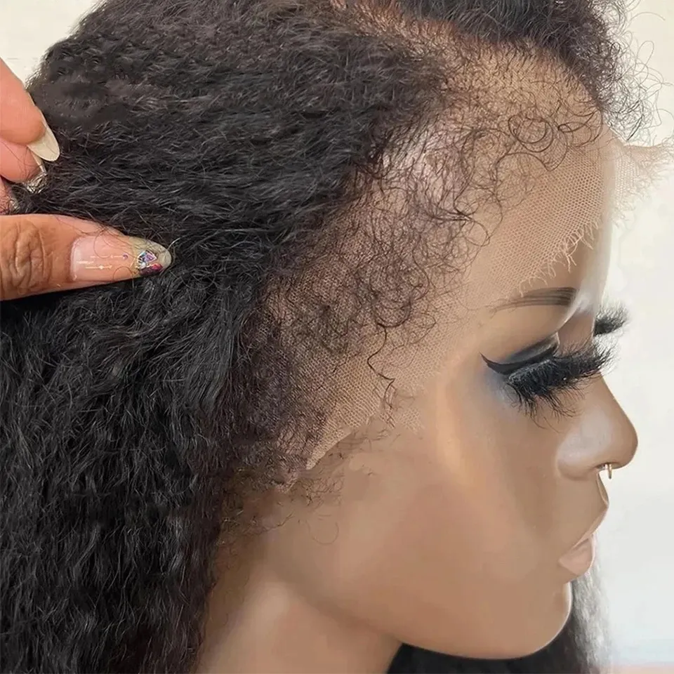Yaki Kinky Edges Curly Baby Hair human hair Wig 360 full natural HD Lace Frontal Wig Kinky Straight Lace Front Wigs perruqe for black women 12inch short high ponytail