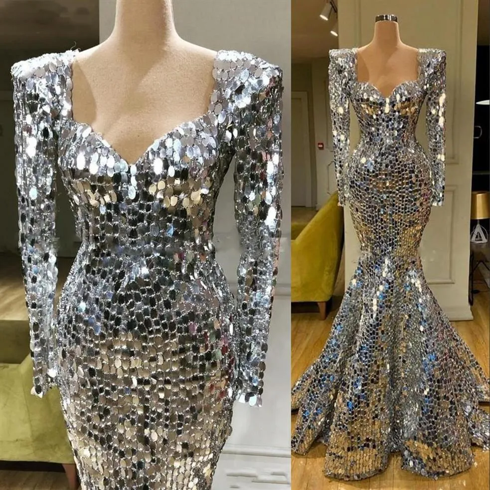 2023 New Sparkly Sequins Silver Mermaid Evening Dresses Sweetheart Neck Long Sleeves Plus Size Formal prom Occasion Gowns253l