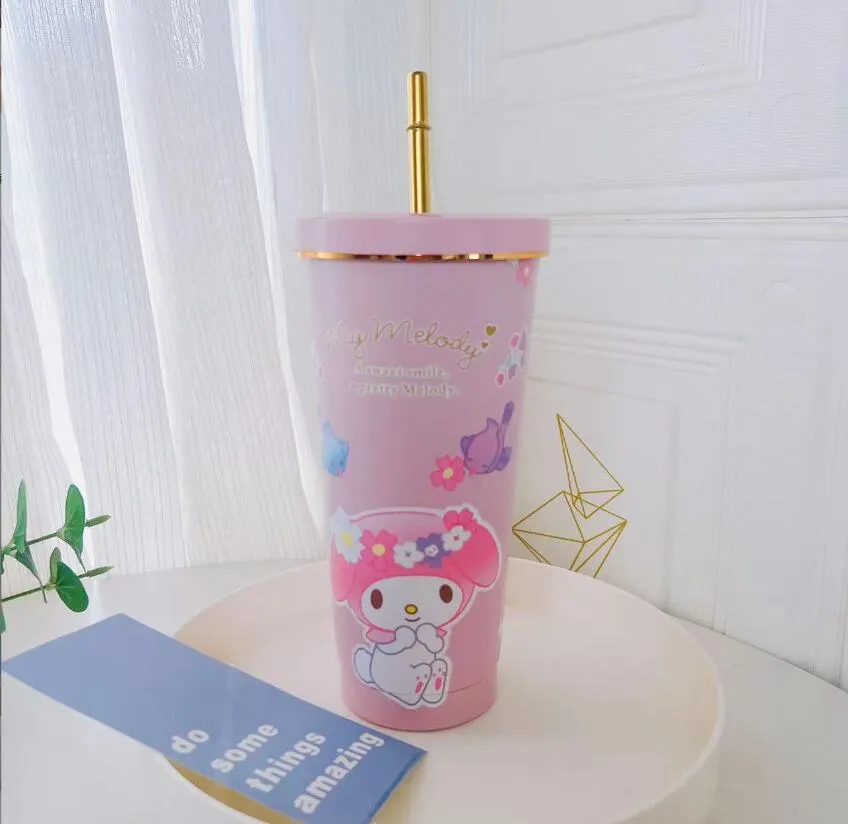 Yeni 750ml 304 Paslanmaz Çelik Tumblers içecek kızı Kawaii Tumblers, Sevimli Kapak Saman