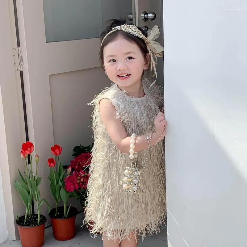 Girl Dresses Ostrich Fur Children Sweeet Princess Dress Sundress For Kids Girls Skirt Party Performance Clothing Toddler Baby One-piece