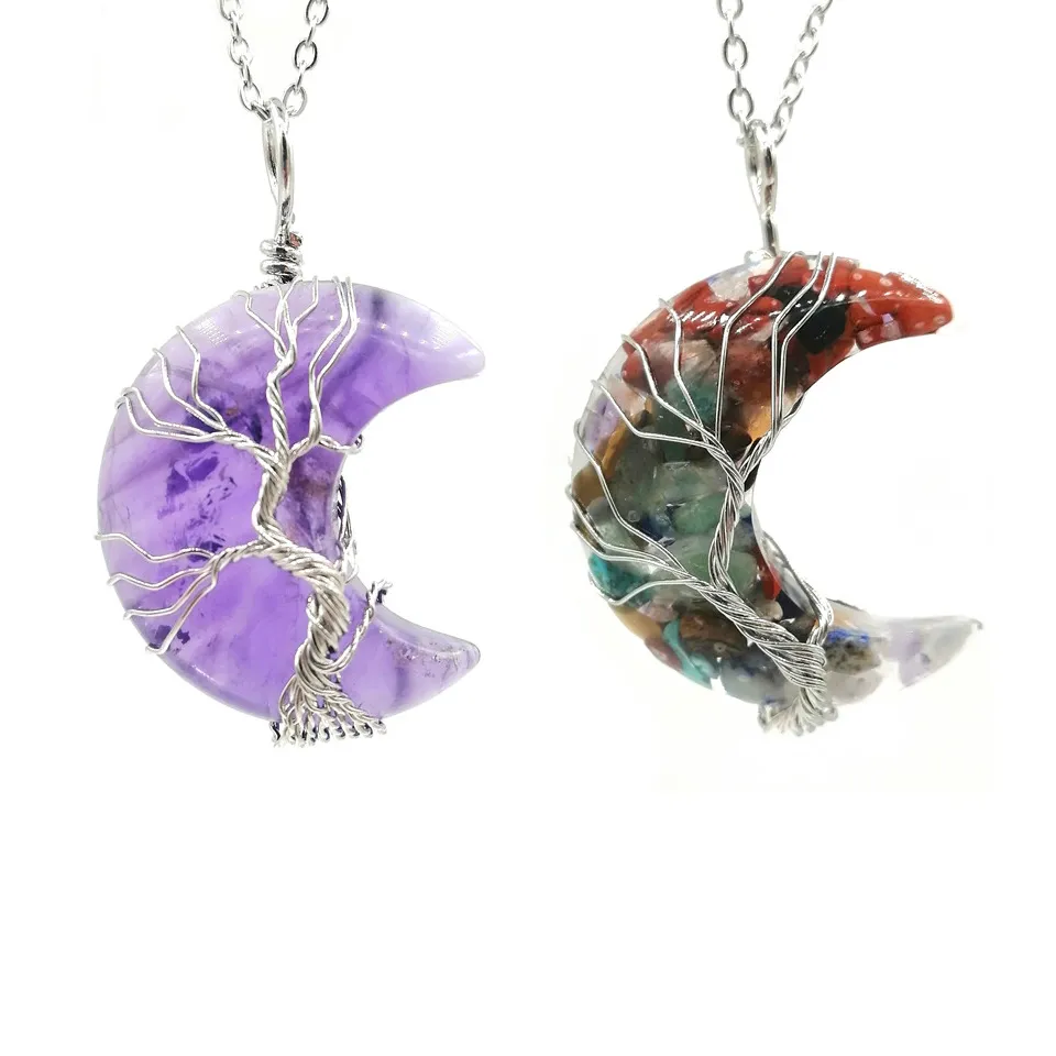Tree Of Life 7 Chakra Moon Pendant Necklace – Crescent Wire Wrapped, 20cm