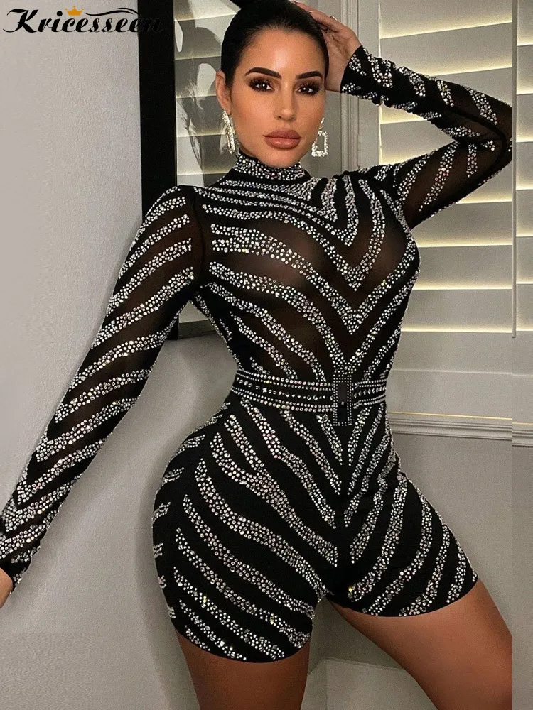 Womens Jumpsuits Rompers Kricesseen Luxury Black Sheer Mesh Skinny Romper  Glam Women Long Sleeve Sequin Playsuit Night Clubwear Short Jumpsuit 230720  From Mang04, $23.84