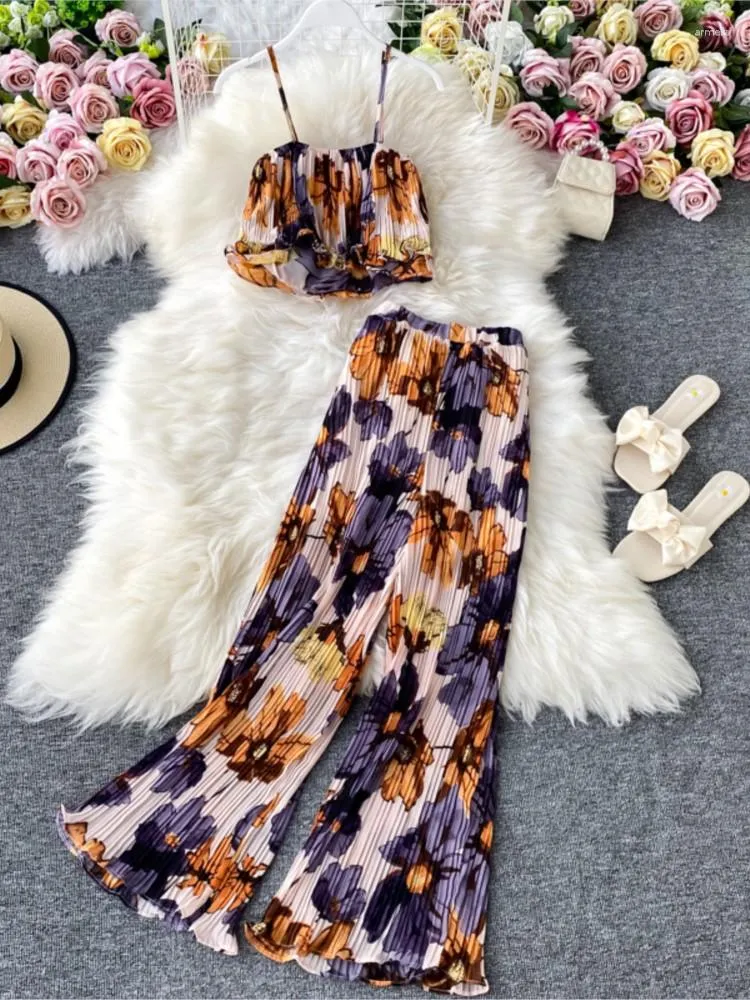 Vrouwen Tweedelige Broek Dames Mode Bloemen Elegant Broekpak Mouwloos Cropped Tops Wijde Pijpen Broek Stukken Set Vrouwelijke Boho Strandoutfits