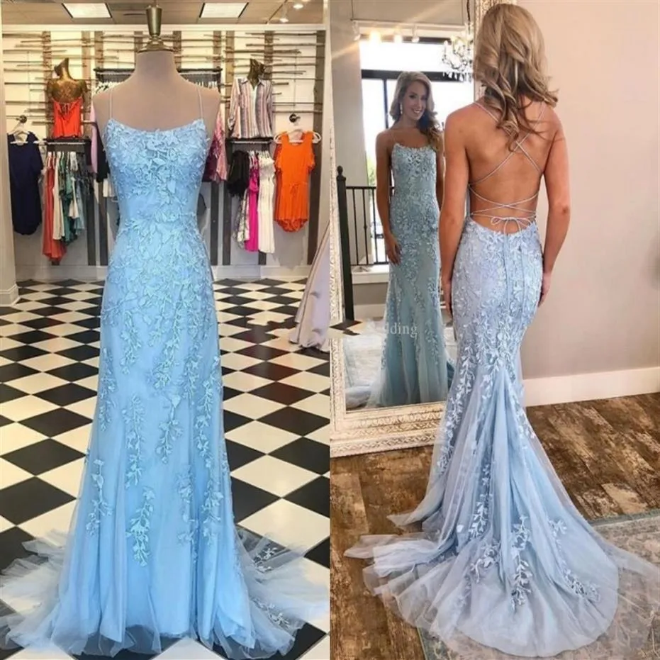 Vestidos de Baile Sereia Azul Céu Claro Renda Alças Espaguete Apliques Tule Até o Chão Vestidos de Noite Sem Costas Vestido de Festa Formal258P