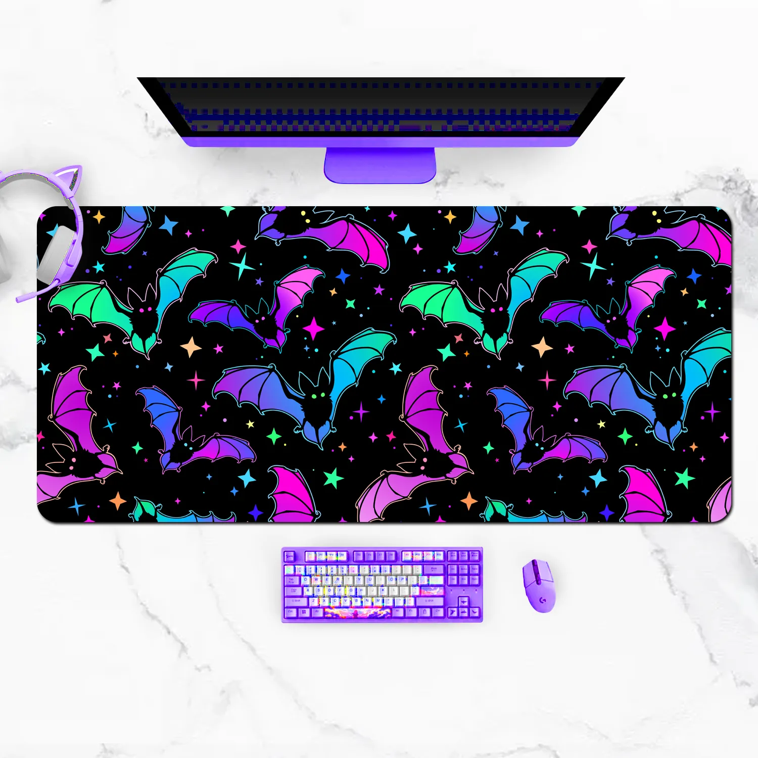 Tappetino per mouse da gioco Extra Large Kawaii Neon Goth Bat Tappetino da scrivania XXL Accessori da scrivania per laptop antiscivolo a prova di acqua