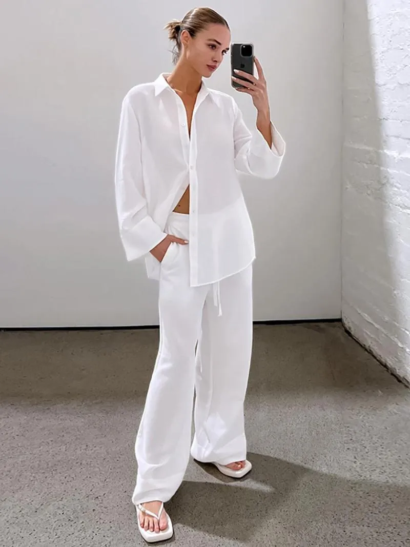 Women's Two Piece Pants White Street Style Cotton Linen Suits Women Casual 2-Pieces Sets Lapel Shirts And Wide Legs Office 2023 Summer