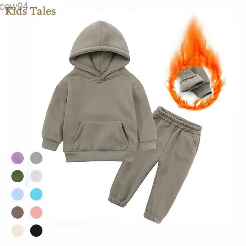 Kinder Fleece Winter Outfit Kleinkind Baumwolle Solide Hoodies Pullover Sweatshirt Hosen Trainingsanzug Set Kinder Junge Mädchen Warme Sweatsuits L230625