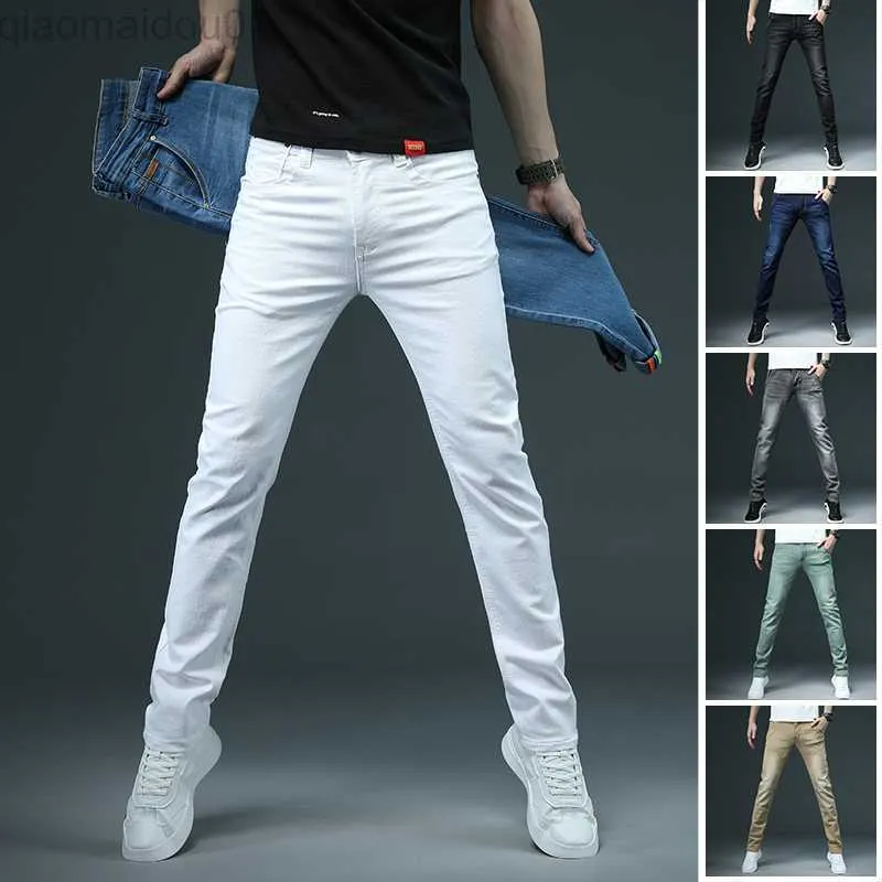 Mäns jeans 2022 Nya herrar Skinny White Jeans Fashion Casual Elastic Cotton Slim Denim Pants Mane Brand Clothing Black Grey Khaki L230724