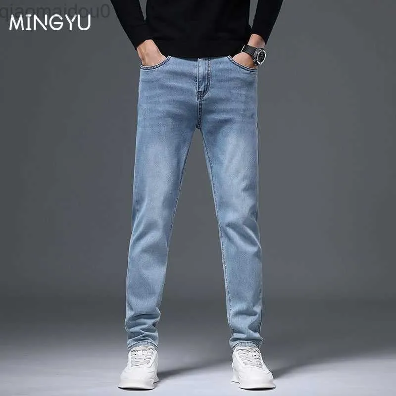 Herren Jeans Herbst Herren Vintage Stretch Jeans Hellblaue Baumwolle Kleine Gerade Business Korea Denim Hosen Männliche Marke Plus Größe 28-40 L230724