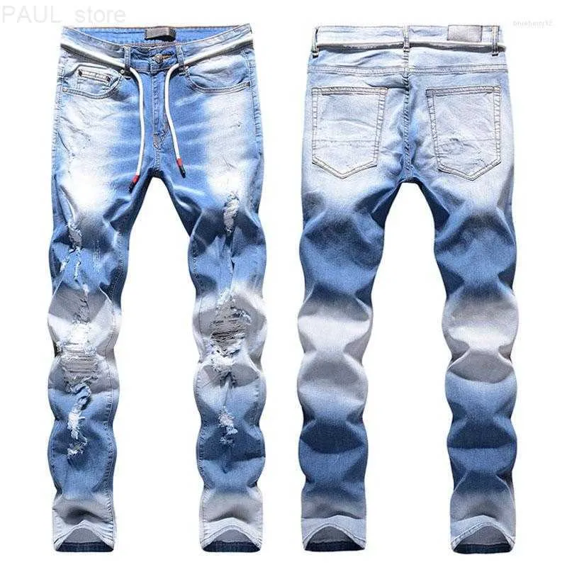 Jeans Masculino Calça Jeans High Street Meninos Primavera Azul Claro Estéreo Gato Barba Joelho Elástico Fino L230724