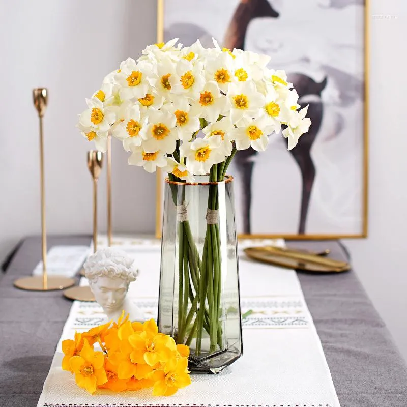 Decorative Flowers 6pcs/lot 40cm Daffodils Bouquets Artificial Flower Home Wedding Party Decor Desktop Vase Decoration Craft Fake