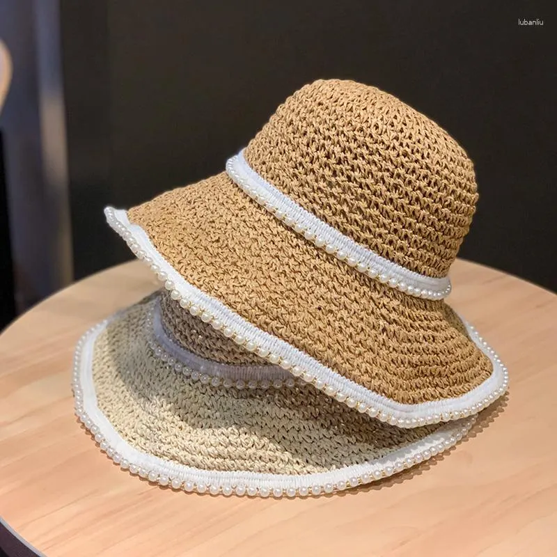 Chapeaux à large bord perle dames pliant chapeau de paille naturel à la main tissage crème solaire soleil été pêcheur dame plat en gros