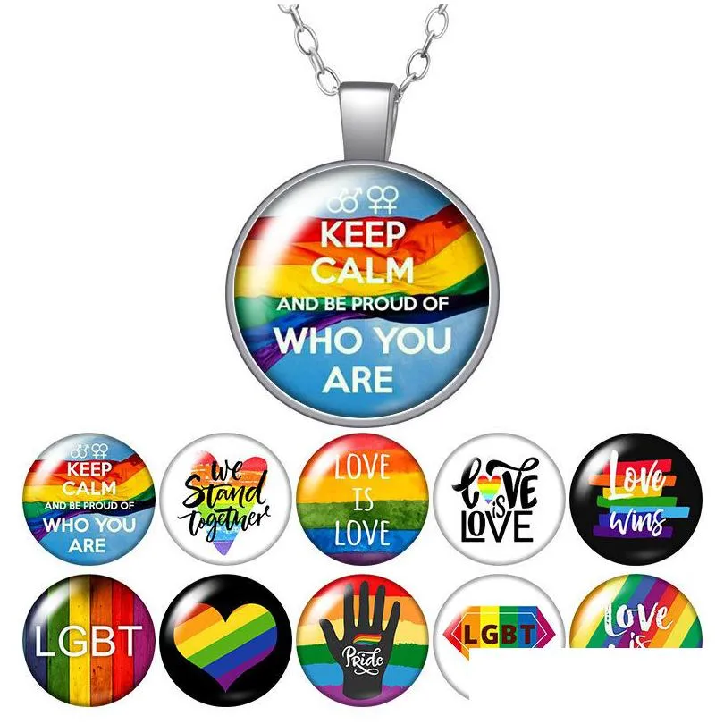 Collane Con Ciondolo Love Is Lgbt Bandiera Arcobaleno Collana Rotonda 25Mm Cabochon In Vetro Colore Argento Gioielli Donna Festa Regalo Di Compleanno 50Cm Goccia Dh1Jh