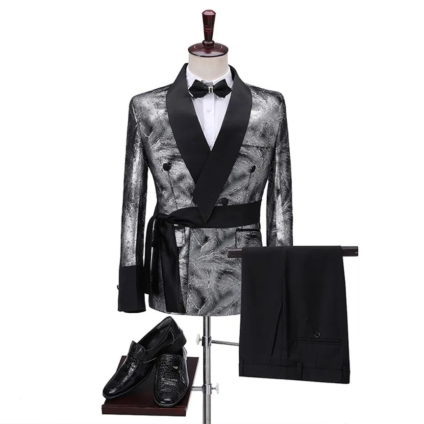 Najnowsze projekty spodni płaszczowej 2020 Slim Shiny Srebrna Kurtka paląca włoska sukienka smokingowa podwójnie piersi menu garnitury na wesele groom241o