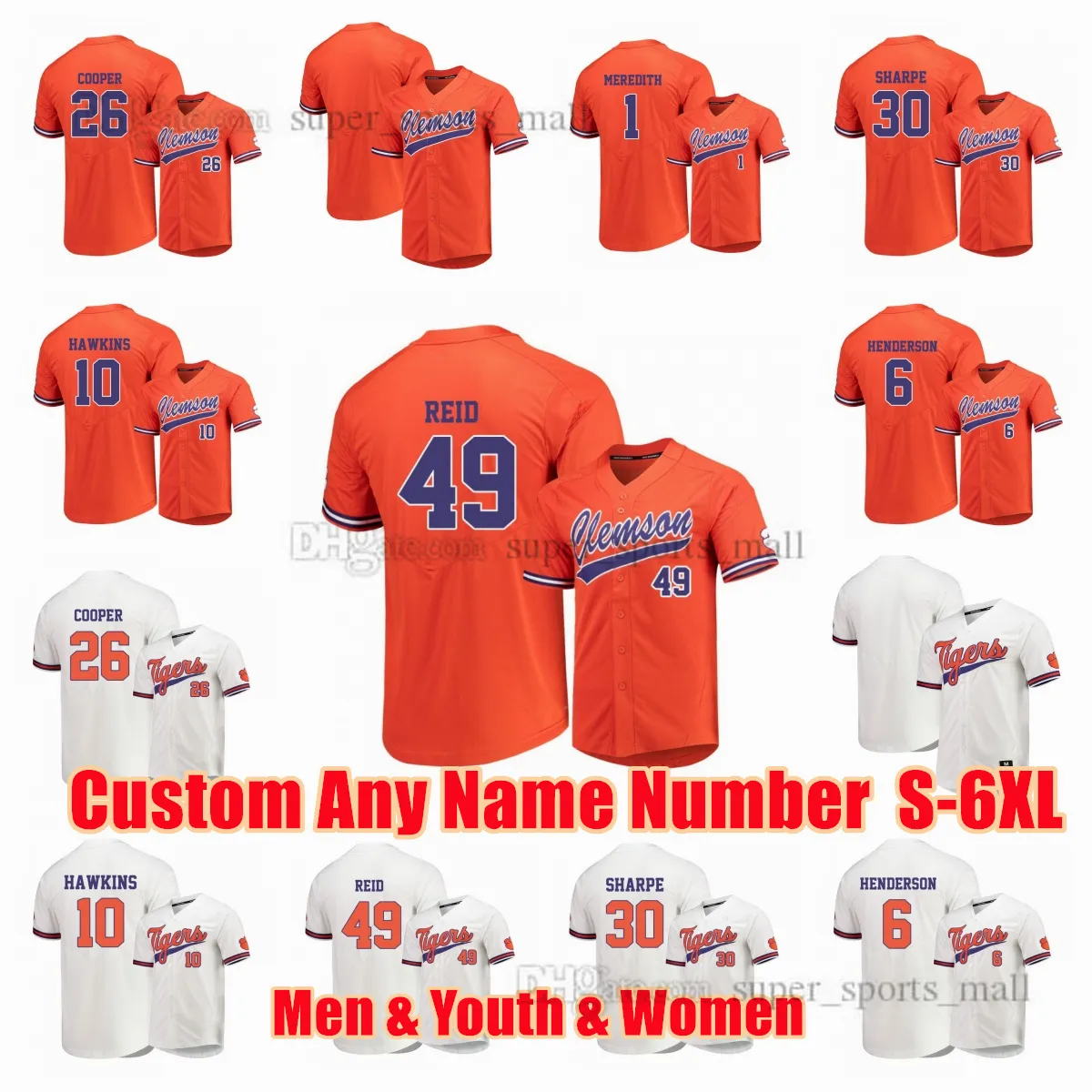 Maillots de baseball NCAA 2023 Clemson Tigers College Seth Beer Elijah Henderson Bryar Hawkins Davis Sharpe Kier Meredith Matt Cooper Regan Reid Maillot cousu