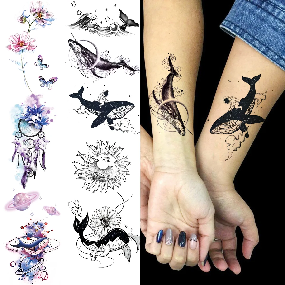 Réaliste baleine poignet tatouages temporaires pour femmes adulte soleil fleur faux tatouage autocollant étanche corps Art peinture Tatoos décalcomanie