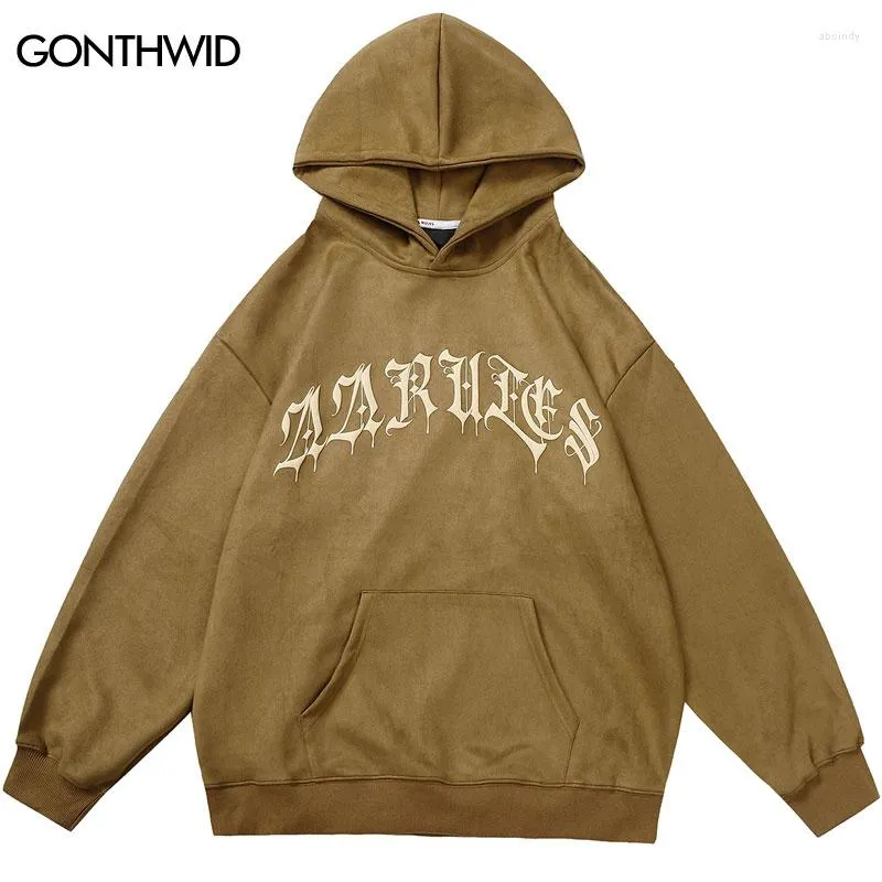 Men's Hoodies Men Suede Hoodie Sweatshirt Vintage Foam Letter Print Pullover Streetwear 2023 Fashion Casual Punk Gothic Loose Hooded