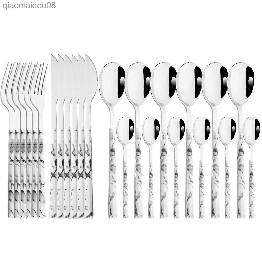 DRMFIY 24st White Silver Flatware Set Knife Fork Spoon Moderföretag Set Rostfritt stål Kotbygd Set Marble Handle Tabelleriset Set L230704