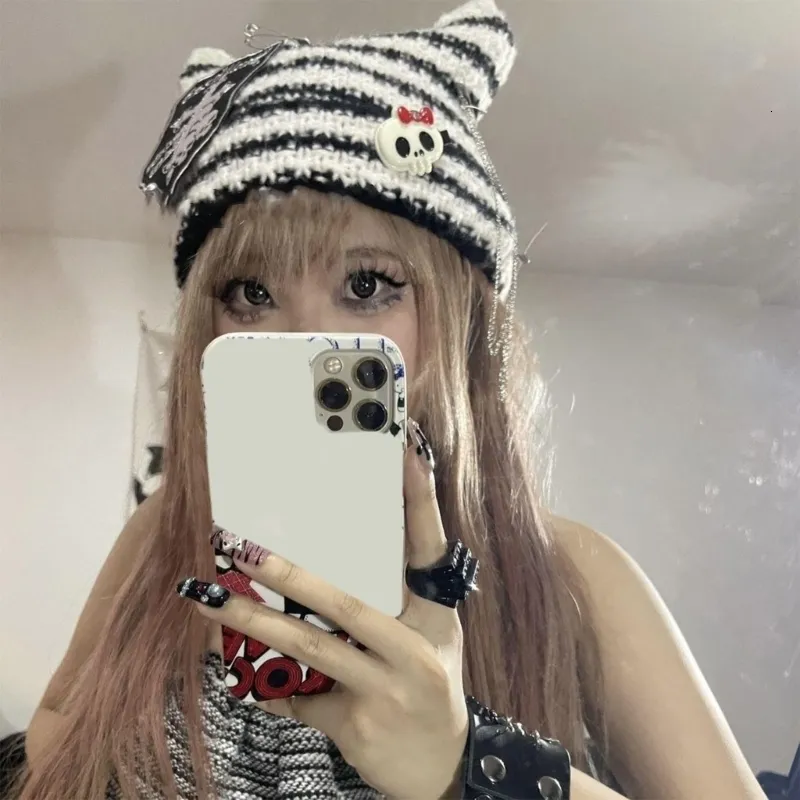 Beanie/Skull Caps Crochet Beanie Cap Girls Soft Knit Hat Y2K Gothics Hat Teens Cat Ear Po Hat 230724