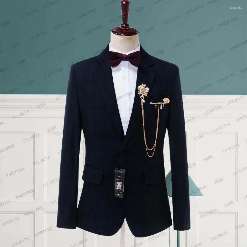 Men's Suits 2023 Blue Plaid Formal Men Suit Slim Fit Notched Lapel Wedding Tuxedo For Groomsmen Male Fashion Costume Jacket Coat Blazer