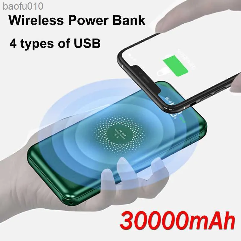 Wireless Fast Charging Power Bank Caricabatterie portatile 30000mAh Display digitale Batteria esterna 4 cavi integrati per iPhone Xiaomi L230619