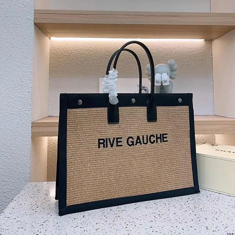 Rive Gauche Tote Luxus-Designer-Damenhandtasche aus Leinen, große Strandtaschen, Sommer-Reise-Einkaufstaschen, Umhängetasche, Umhängetasche aus Leder, beige-braun, Geldbörsen-Clutch