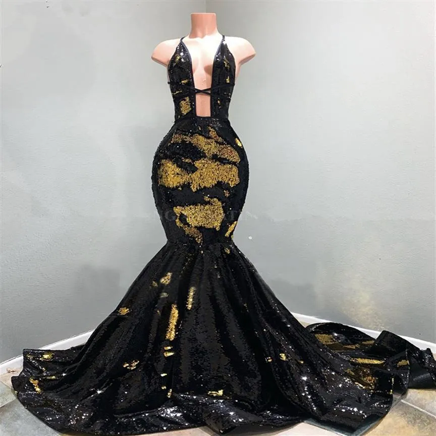 깊은 V- 넥 Backless Black and Gold Mermaid Prom Dresses 2020 반짝이는 스팽글 벨벳 플러스 크기 긴 아프리카 저녁 공식적인 드레스 261o