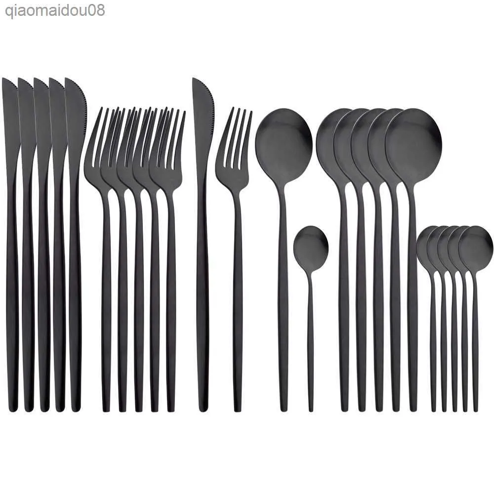 Drmfiy Set di posate da tavola nero opaco 24 pezzi Set di stoviglie in acciaio inossidabile Coltello da cucina occidentale Forchetta Cucchiaino da tè Argenteria L230704