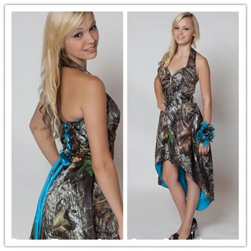 Em estoque Mossy Oak Camo Vestidos de dama de honra Custom Made Strapless Hi-lo Curto Camo Vestido de festa de casamento Camo e azul282B