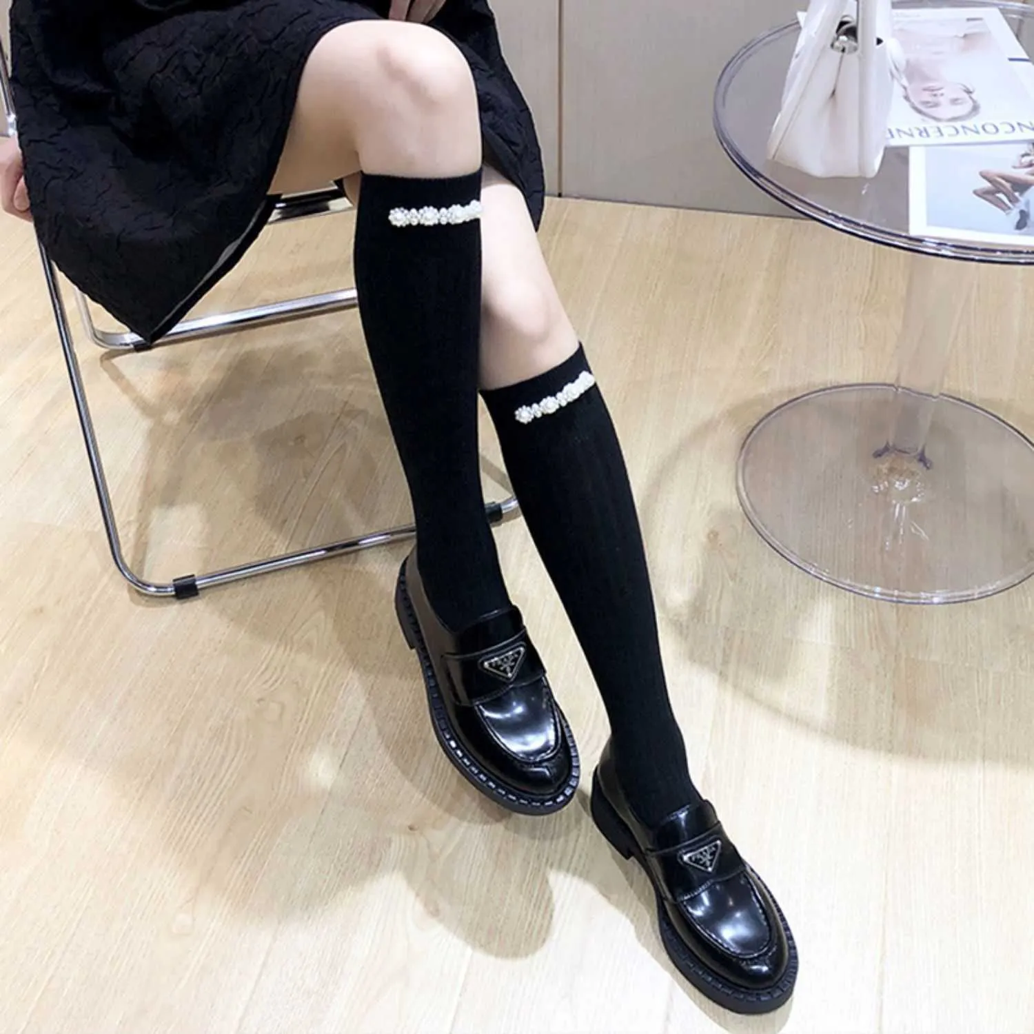 Scarves Shoe Parts & Accessories SR runway style handmade string pearl socks a slim combed cotton pile stockings, mesh red long socks, women's trend