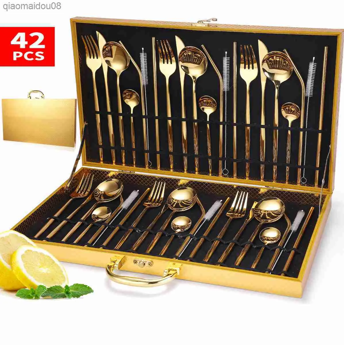 42st Tabelleriset Set Gold Fork Spoon Knife Cotestar Set 18/10 Rostfritt stål Middagsgafflar Skedar Knivar Set Gold Box Dropshiping L230704