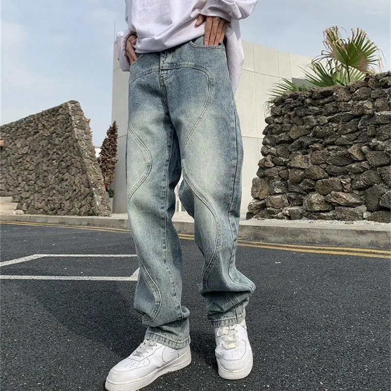 Men's Wide Leg Jeans Retro Hip Hop Style, Baggy Fit Denim Cargo Pants,  Loose Streetwear Trousers for Men, Fashion Brand Jeans