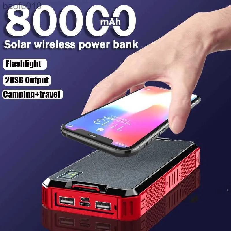 Güneş enerjisi bankası kablosuz 80000mAh Taşınabilir Şarj Cihazı Yüksek Kapasiteli Açık Mekan Seyahat Yardımcı Pil El Feneri İPhone MI L230619