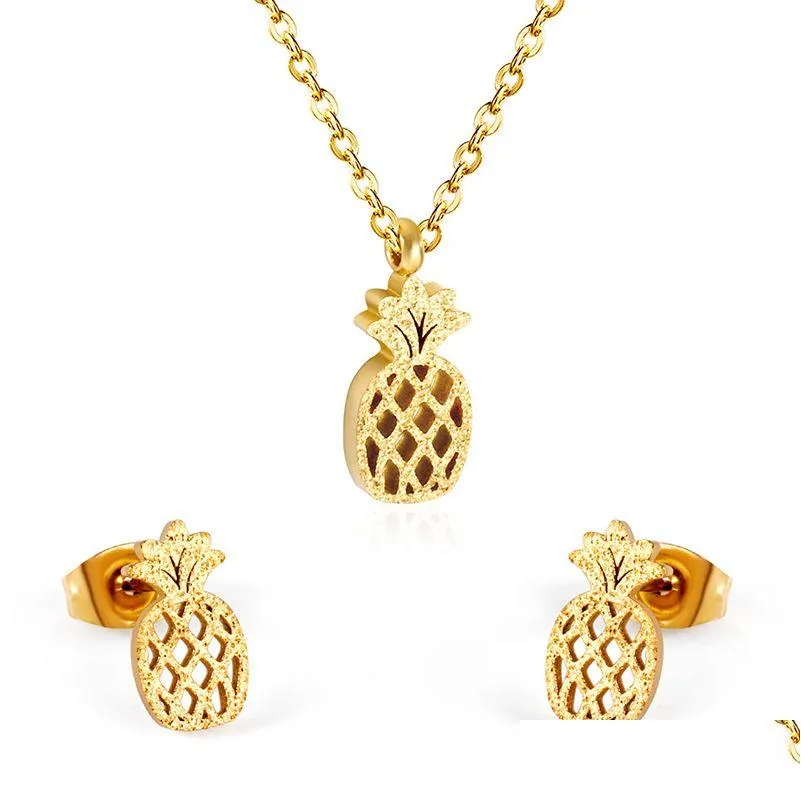 Earrings Necklace Pineapple Cute Stainless Steel African Jewellery Sets Bridal Dubai Gold Color Wedding Jewelry Set For Women Girl Dhvie